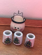 Lot of 3 Vintage Mini White w Green Christmas Tree Candle Holders &amp; One Cute Sno - £10.46 GBP