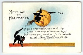 Halloween Postcard Black Cat Witch On Broom Full Moon Face Metropolitan News 297 - £39.51 GBP
