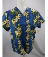 LOCAL DESIGN WOMENS SCRUB TOP SZ S BLUE W/ WHITE HAWAIIAN FLORAL &amp; FERNS... - $12.99