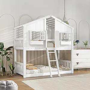 House Bed Twin Over Twin Bunk Bed Wood For Kids Girls Boys, Wood Slat Su... - $852.99