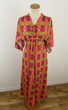 Vintage 70s Women&#39;s Dress Plaid Hostess Maxi Neon Bright Orange Belted K... - £29.89 GBP