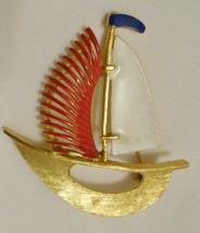 Coro Script Vintage Sailboat Brooch Pin Nautical Gold Tone White Red Blue Sails - £25.96 GBP