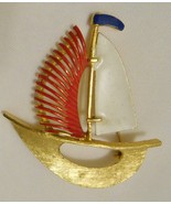 CORO Script Vintage SAILBOAT BROOCH Pin Nautical Gold Tone White Red Blu... - £26.25 GBP