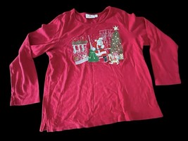 Quaker Factory Christmas Santa Clause Blouse Large L Red Embordered Dog ... - £15.77 GBP