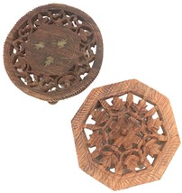 Vintage Pair Hand Carved Wood Trivet India Footed Medallion Boho Set of 2  - £20.54 GBP