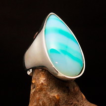 Sterling Silver Ring with pear shaped green Agate Cabochon Size 10 - £56.12 GBP