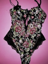 Victoria&#39;s Secret unlined S TEDDY one-piece BLACK pink green floral appl... - $118.79