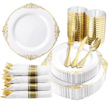 350Pcs White And Gold Plastic Plates & Pre Rolled Napkins With Plastic Cutlery F - £76.73 GBP