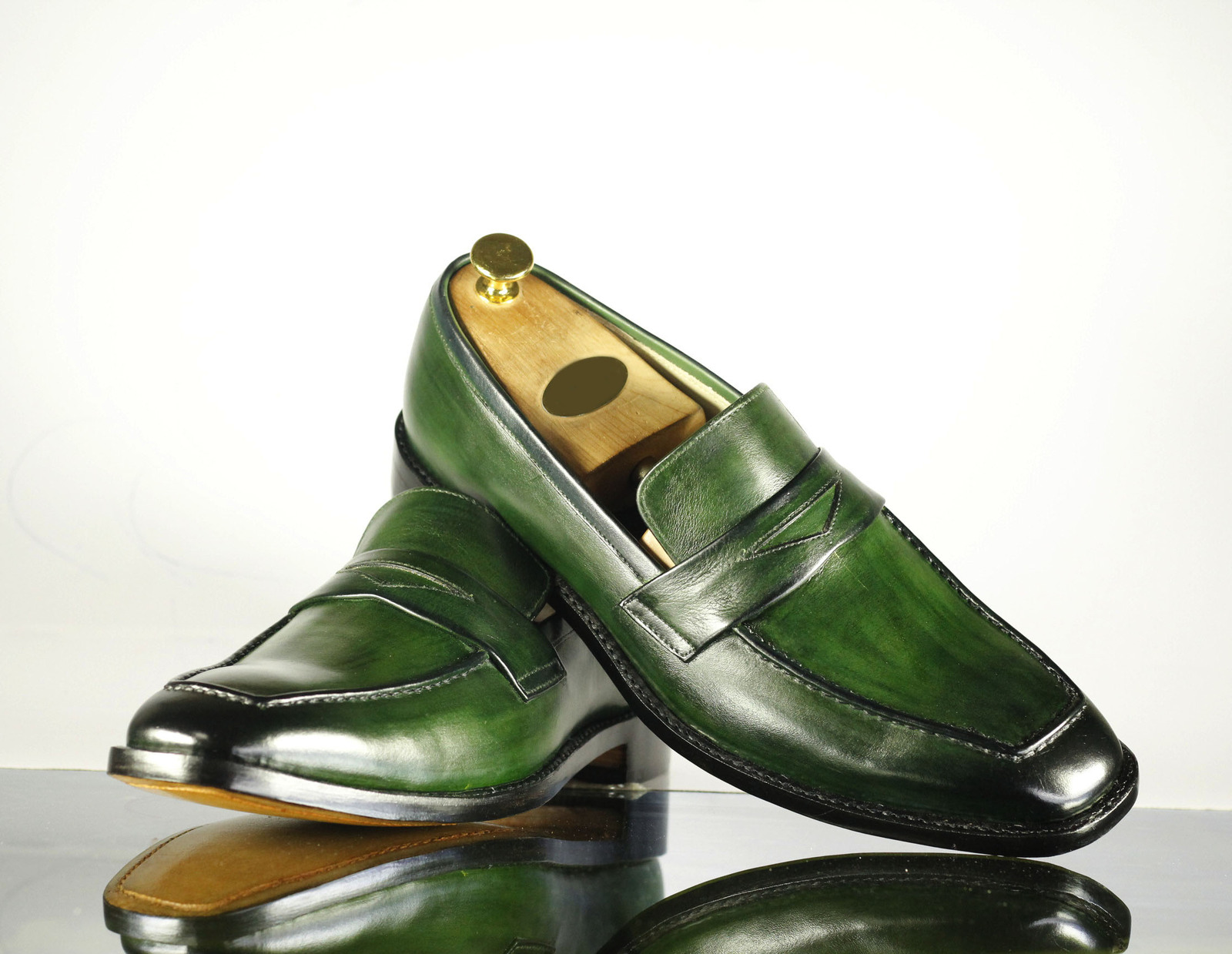Handmade Men's Green Leather Penny Loafer Shoes, Men Designer Formal Dress Shoes