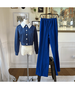 Vintage 70s 2pc Blue White Wide Leg High Rise Pants Crop Top S M 4 6 - $895.62 MXN