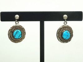 Vintage Signed Handcrafted Turquoise Nugget Dangle Earrings Sterling Silver - £70.97 GBP