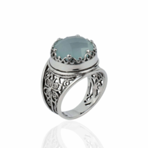 Filigree Art Aqua Chalcedony Gemstone Women Crown Silver Statement Ring - £28.54 GBP