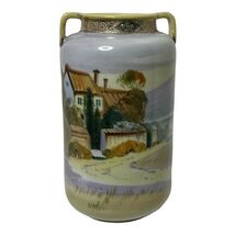 Antique 7" Nippon Hand Painted Flower Vase Moriage Scenic Trees Barn Cou... - $84.00