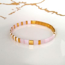 Tila flat beaded bracelet white and rose gold plated,dainty woman bracelet,stack - $22.95
