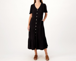 Susan Graver Pet Pure Linen Blend Tiered Button-Front Midi Dress Black, PXL - £31.60 GBP