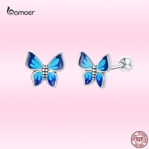 Bamoer New Blue Delicate Butterfly Stud Earrings for Girl Genuine 925 Silver Ani - £16.06 GBP