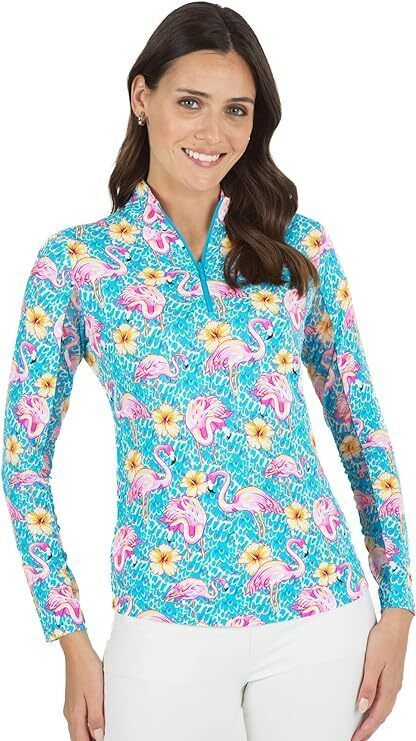 NWT IBKUL PENNY TURQUOISE FLAMINGO Long Sleeve Mock Golf Shirt XS S M L & XL