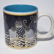 Laurel Burch Black White Stripe Spotted Cats Ceramic Mug Blue Interior  ... - $17.95