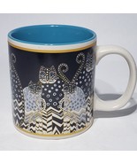 Laurel Burch Black White Stripe Spotted Cats Ceramic Mug Blue Interior  ... - £14.06 GBP