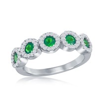 Sterling Silver Round White &amp; Emerald CZ Half Eternity Ring - £36.64 GBP