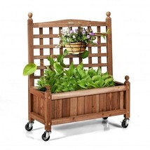 32in Wood Planter Box with Trellis Mobile Raised Bed for Climbing Plant ... - $140.04