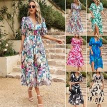 Women&#39;s V-neck Printed Dress, Summer Elegant Long Skirt, Ladies Dress - $33.99