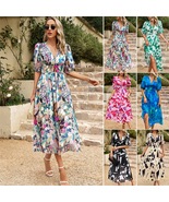 Women&#39;s V-neck Printed Dress, Summer Elegant Long Skirt, Ladies Dress - £26.57 GBP