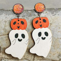 White &amp; Orange Wood Drusy Pumpkin Ghost Drop Earrings - £11.18 GBP