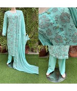 Pakistani Sea Green 3Pcs Fancy Chiffon Dress with thread embroidery ,XL#1 - $1,626.19 MXN