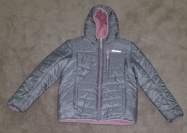 Eddie Bauer Girl Large 14/16 Reversible Coat Jacket Hood Gray Puffer Pink Fleece - £23.22 GBP