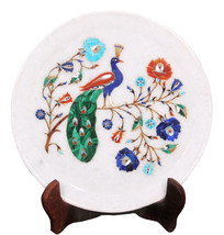 10&quot; Marble Round Serving Dish Plate Fine Peacock Inlay Pietradura Art Deco Gifts - £258.26 GBP