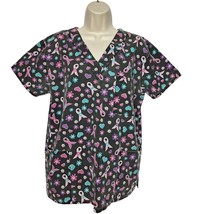 Scrubin.com Women&#39;s Scrub Top Size Medium Floral Multicolor Breast Cancer - £19.22 GBP