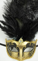 Gold Black Jewel Venetian Masquerade Mardi Gras Feather Mask - £17.37 GBP