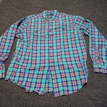 Polo Ralph Lauren Shirt Men Large Blue Plaid Double Breast Pocket Vintage - £18.16 GBP