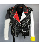 New Men&#39;s Punk Full Silver Spiked Studded Cowhide Biker Real Leather Jacket - €332,50 EUR