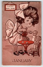 January Girl New Years Big Haired Child Postcard Artist Dodsworth AH Co Vintage - £54.63 GBP