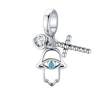 Sterling Silver 925 Lucky Hamsa Evil Eye Cross Dangle Charm For Bracelets - £11.87 GBP