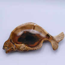 Studio Art Pottery Fish Tray Candy Dish Plate Brown Cream Glaze Ceramic 7.5&quot; - £9.49 GBP