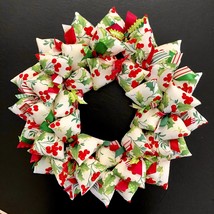 Beautiful Holly and Red Berries Fabric Wreath on Butter Colored Background - £42.75 GBP