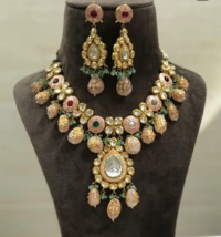 Indian Bollywood Style Kundan Choker Necklace Earrings Enamel Pearl Jewelry Set - £182.24 GBP