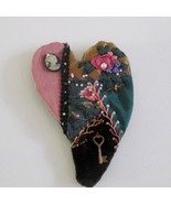 Handmade Fabric Heart Pin Ribbon Embroidery Beads Cameo Key Charms Vintage - $24.72