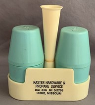 Hume Missouri Kaster Hardware Blue Plastic Salt and Pepper Shakers with Holder - £11.80 GBP