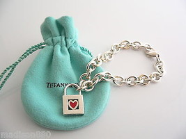 Tiffany &amp; Co Heart Bracelet Love Padlock Red Charm Bangle Gift Pouch Hug Kisses - £509.92 GBP