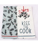 2 Kitchen Towels 28 X 18 Holiday Theme Pine and Kiss The Cook New - $8.59
