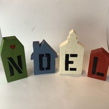 Vintage Handmade Wooden Block Christmas Village NOEL Set of 4 Folk Art Rustic - £7.87 GBP