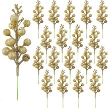 Cieovo 18 Pieces Christmas Glitter Berries Stems Artificial Gold Berry Twig Stem - £23.97 GBP