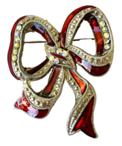 Festive Christmas Bow Brooch Pin Vintage Jewelry Red Enamel w/ Rhinestones 2&quot; - £13.07 GBP