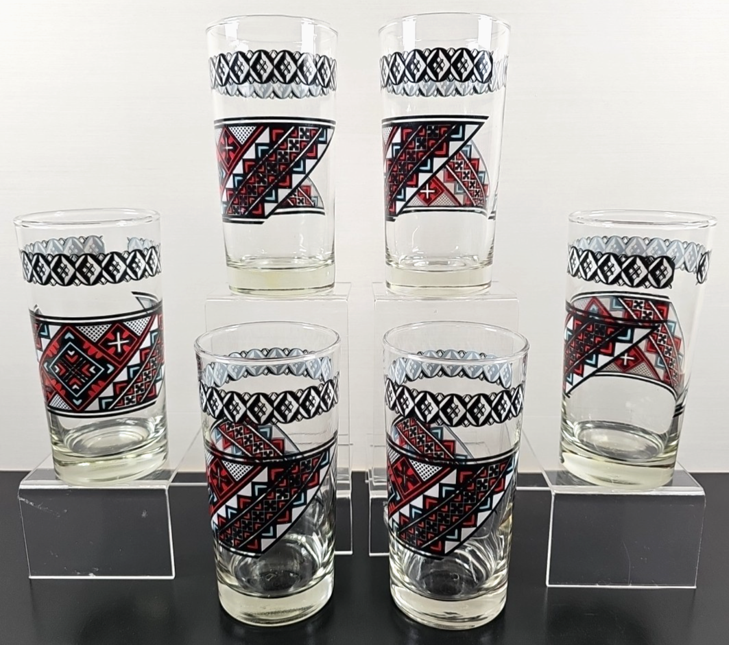 6 Dominion Glass Abstract Tumblers Set Vintage Geometric Art Highball Ca... - $68.97