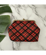 Vintage 60s Plaid Coin Purse Pouch Red Black Vinyl Gold Frame Academia S... - $27.06 CAD