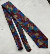 Vintage Land’s End Silk Tie 80s 90s Floral Blue Green Yellow Red Maroon Burgundy - $11.30